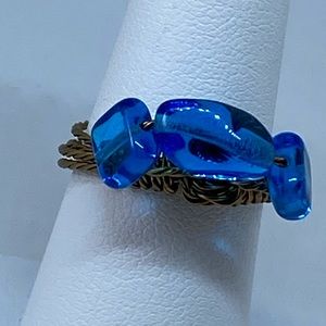 Handmade Blue Glass Bead Ring Antique Brass Wire